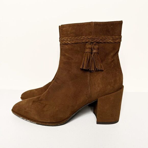 Stuart Weitzman Tazzie Brown Suede Tasseled Block Heel Ankle Boots - Picture 4 of 8
